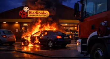 Płonący samochód na parkingu przy Biedronce. Szybka interwencja strażaków